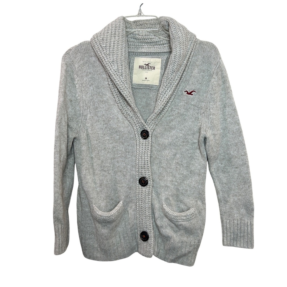 Hollister Cardigan Sweater Womens Medium Gray Shawl Collar Wool Blend y2k Preppy